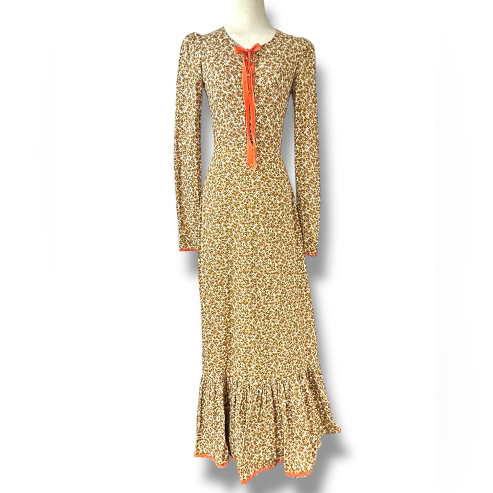 American Vintage 60-70’s Women's Brown Fall Floral prairie Maxi Dress size small